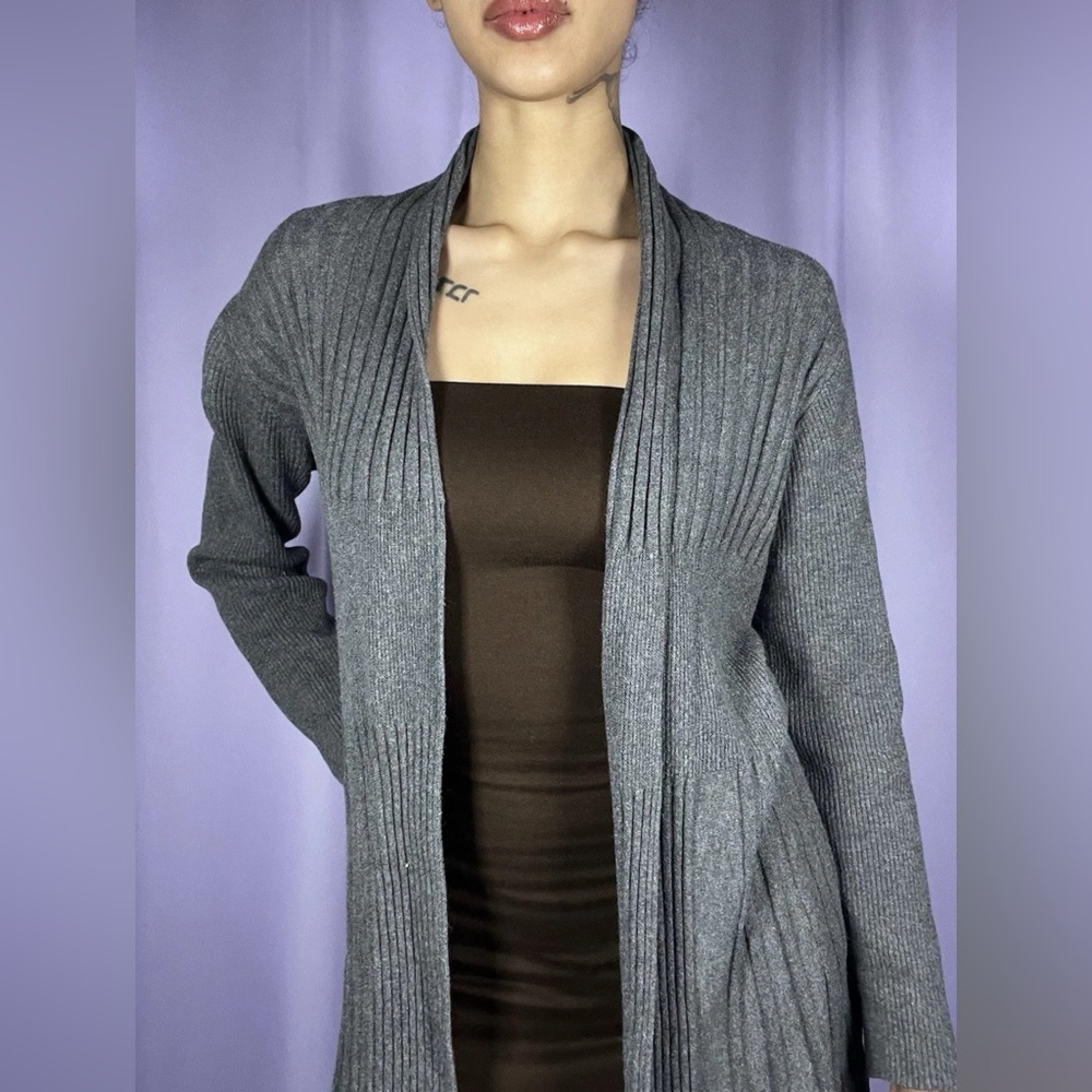 Magnolia Grace Grey Ribbed Pleated Open Front Cardigan Sweater Womens Size S